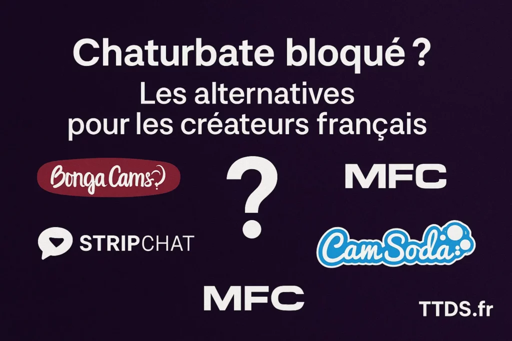 Comparatif des plateformes cam alternatives à Chaturbate avec logos et point d’interrogation sur fond violet sombre