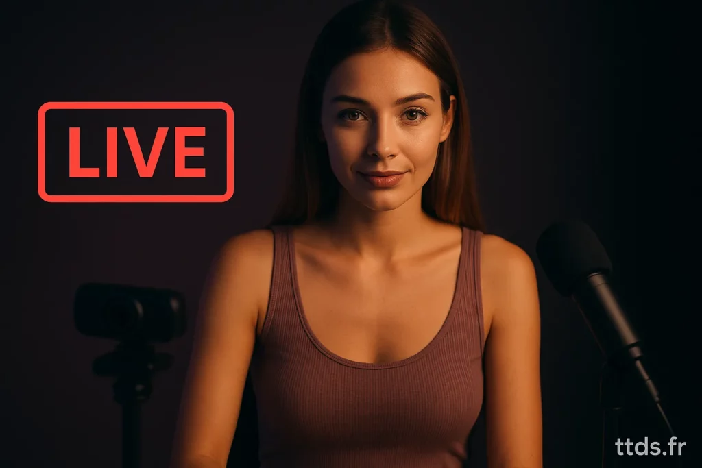 Créatrice de contenu débutant un live avec webcam et micro sur fond sombre, ambiance professionnelle